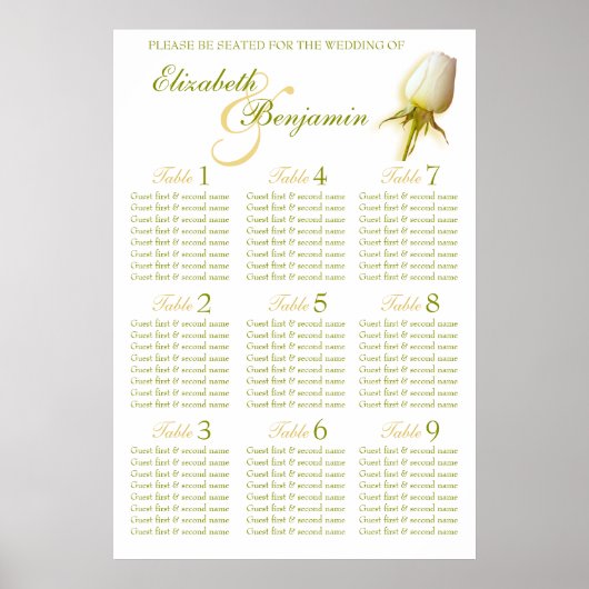 White Rose Bud Wedding Seating Table Planner 1-9 Poster (Voorkant)