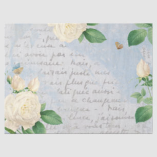 White Rose Butterfly French Script Blue Decoupage Tissuepapier
