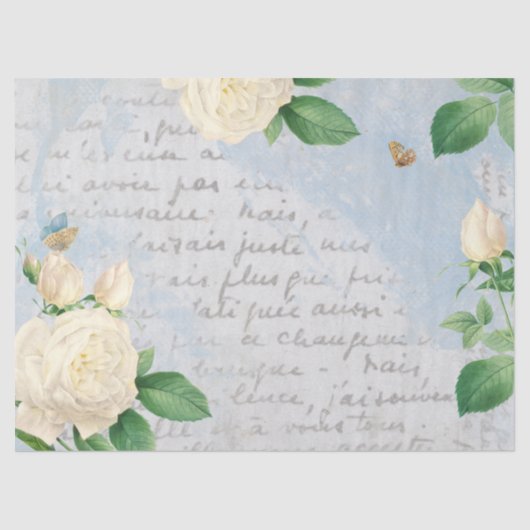 White Rose Butterfly French Script Blue Decoupage Tissuepapier (Voorkant)