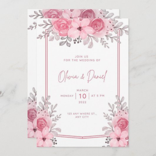 White Rose Elegant Mariage Invitation avec fleurs (Devant / Derrière)