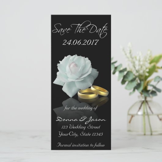 White Rose en Golden Rings Save the Date Rackcard (Staand voorkant)