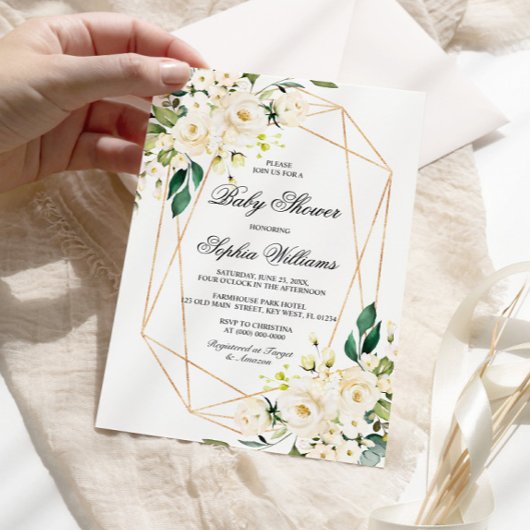 White Rose en Greenery Baby shower Kaart