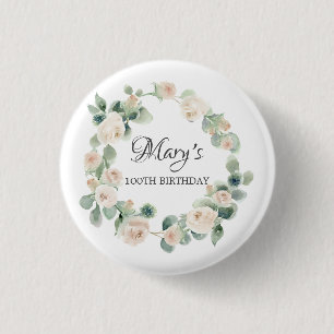 White Rose Eucalyptus Botanical 100th Birthday Ronde Button 3,2 Cm