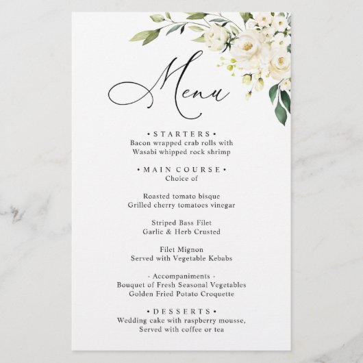 White Rose Eucalyptus Greenery Wedding Dinner Menu (Voorkant)