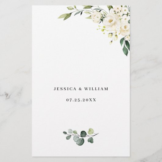White Rose Eucalyptus Greenery Wedding Dinner Menu (Achterkant)