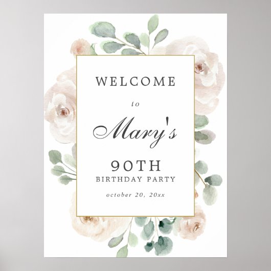 White Rose Floral 100th Birthday Welcome Sign Poster (Voorkant)