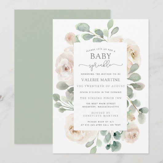 White Rose Floral Baby Sprinkle Invitation Kaart (Voorkant / Achterkant)