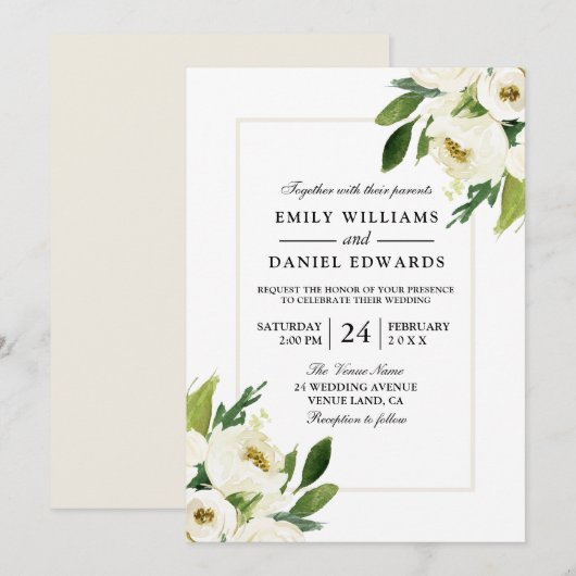 White Rose Floral Cream Wedding Invitation Kaart (Voorkant / Achterkant)