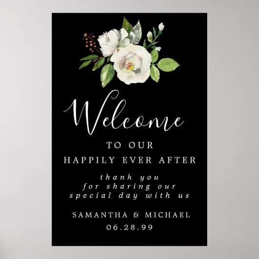 White Rose Floral Elegant Wedding Welcome Sign Poster (Voorkant)