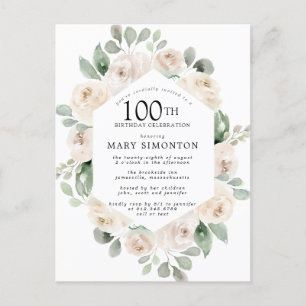White Rose Floral Eucalyptus 100th Birthday Party Uitnodiging Briefkaart