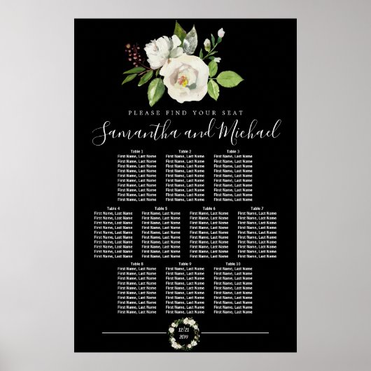 White Rose Floral on Black 10-Table Seating Chart Poster (Voorkant)
