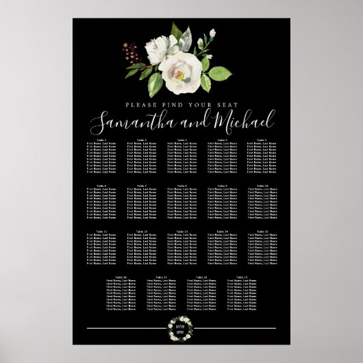 White Rose Floral on Black 19-Table Seating Chart Poster (Voorkant)