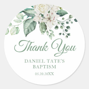 White Rose Flowers Eucalyptus Baptisme Ronde Sticker