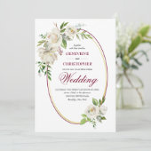 White Rose Formal Burgundy Floral Wedding Kaart (Staand voorkant)