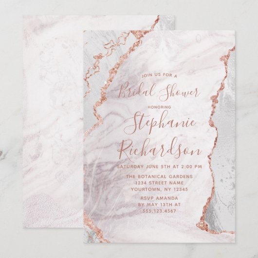 White & Rose Gold Agate Bridal Douche Invitation (Devant / Derrière)