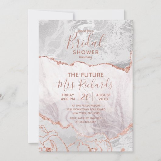 White & Rose Gold Agate Bridal Douche Invitation (Devant)