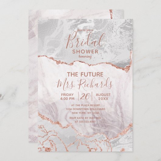 White & Rose Gold Agate Bridal Douche Invitation (Devant / Derrière)