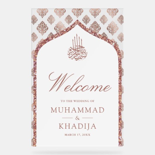 White Rose Gold Arch Muslim Wedding Welcome Acryl Bord (Voorkant)