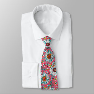 White Rose Gold Blauwgroen Oranje Red Daisy Flower Stropdas
