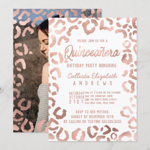 White Rose Gold Cheetah Leopard Quinceañera Foto Kaart