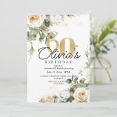White Rose  & Gold  Dusty Elegant 60th Birthday Kaart (Staand voorkant)