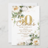 White Rose Gold Elegant Floral 50th Birthday Kaart (Voorkant)