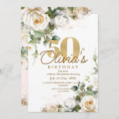 White Rose Gold Elegant Floral 50th Birthday Kaart (Voorkant / Achterkant)
