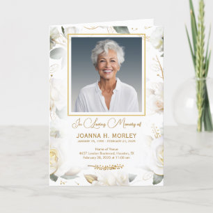 White Rose Gold Floral Funeral Programme