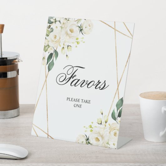 White Rose & Gold Lijst Shower Favors Sign Reclamebord Met Voetstuk (Insitu)