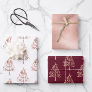 White Rose Gold Merry Christmas Tree Inpakpapier Vel