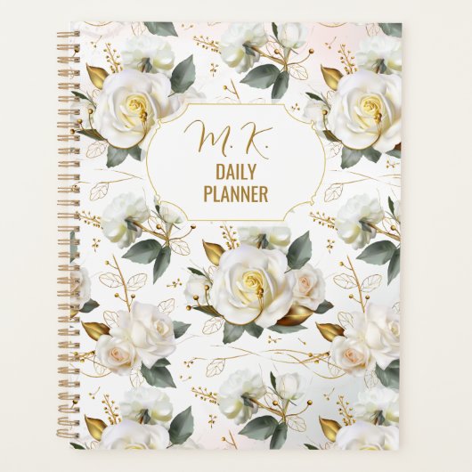 White Rose Gold Romantic Floral Planner (Voorkant)