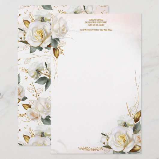 White Rose Gold Romantic Floral Stationery Briefpapier (Voorkant / Achterkant)