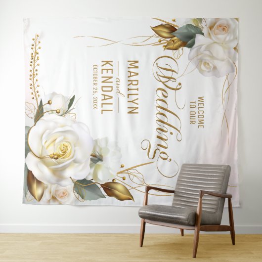 White Rose Gold Romantic Floral Wedding Backdrop Wandkleed (In Situ (horizontaal))