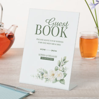White Rose Greenery Guest Book Tabletop Sign Reclamebord Met Voetstuk