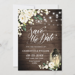White Rose Lantern Rustic Wood Wedding Save The Date