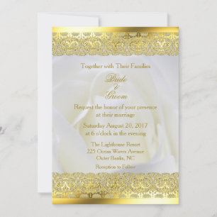 White Rose met Gold Lace Wedding Kaart