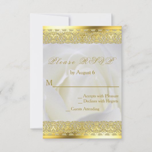 White Rose met Gold Lace Wedding RSVP Kaartje (Voorkant)