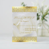 White Rose met Gold Lace Wedding RSVP Kaartje (Staand voorkant)