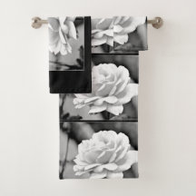 White Rose on Black Bathroom Towels