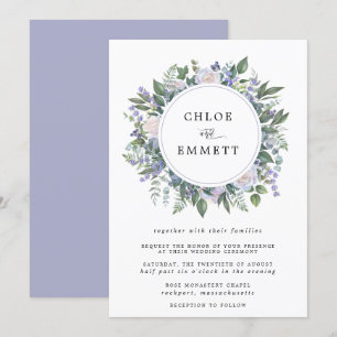 White Rose Paars and Blue Floral Wreath Wedding Kaart