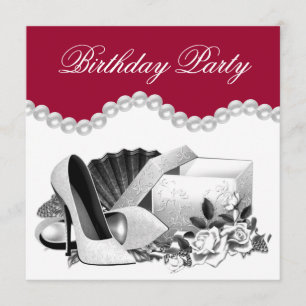 White Rose Pearls High Heels Red Birthday Party Kaart
