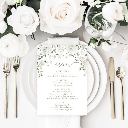White Rose Peony Flower & Greenery Wedding Menu