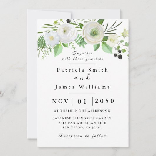 White Rose Wedding Invitation Kaart (Voorkant)