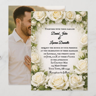 White Rose Wedding Photo Invitation
