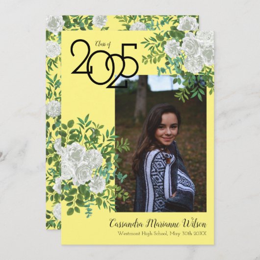 White Rose Yellow Photo Afstuderen Aankondiging (Voorkant / Achterkant)