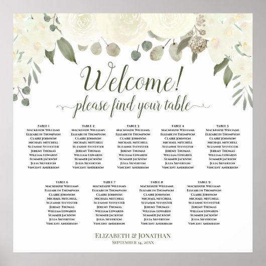 White Roses 9 Table Boho Wedding Seating Chart Poster (Voorkant)