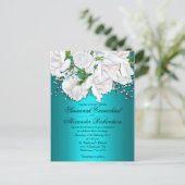 White Roses and Aqua Wedding Invitation Briefkaart (Staand voorkant)