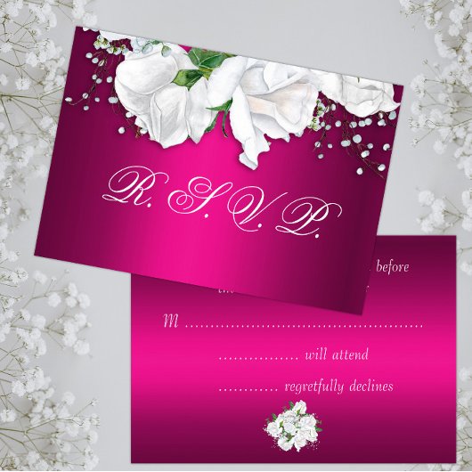 White Roses and Fuchsia Pink Wedding RSVP Kaartje