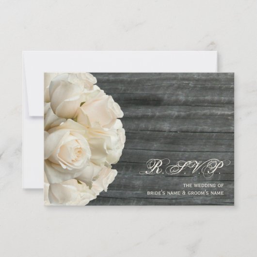 White Roses & Barnwood Wedding RSVP Kaartje (Voorkant)