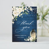 White Roses Blue Wood Lantern Boho Wedding Bedankkaart (Staand voorkant)